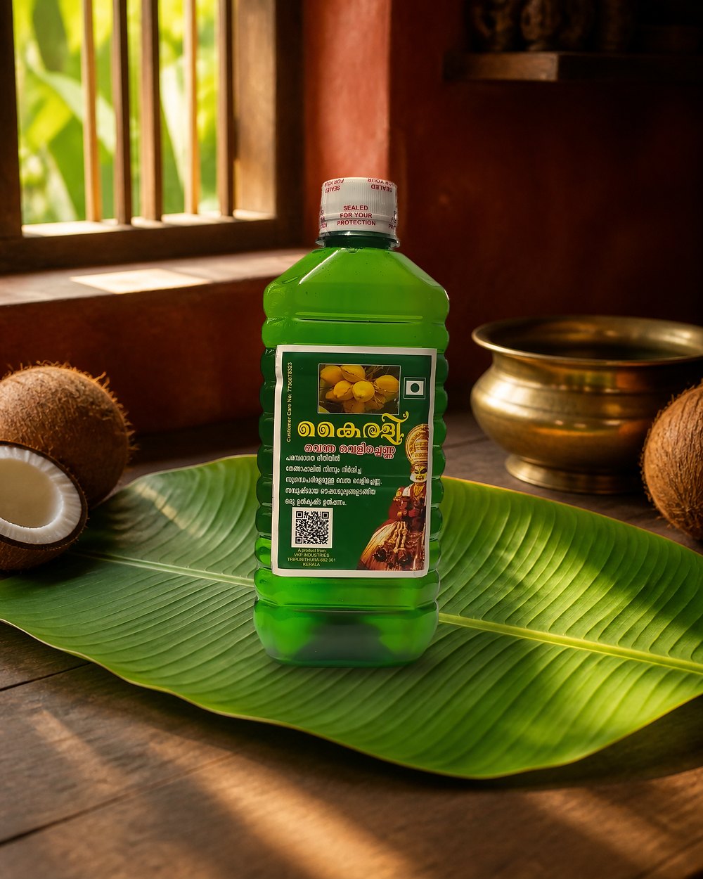 Kairali Coconut Milk Oil 500 ml bottle with coconuts