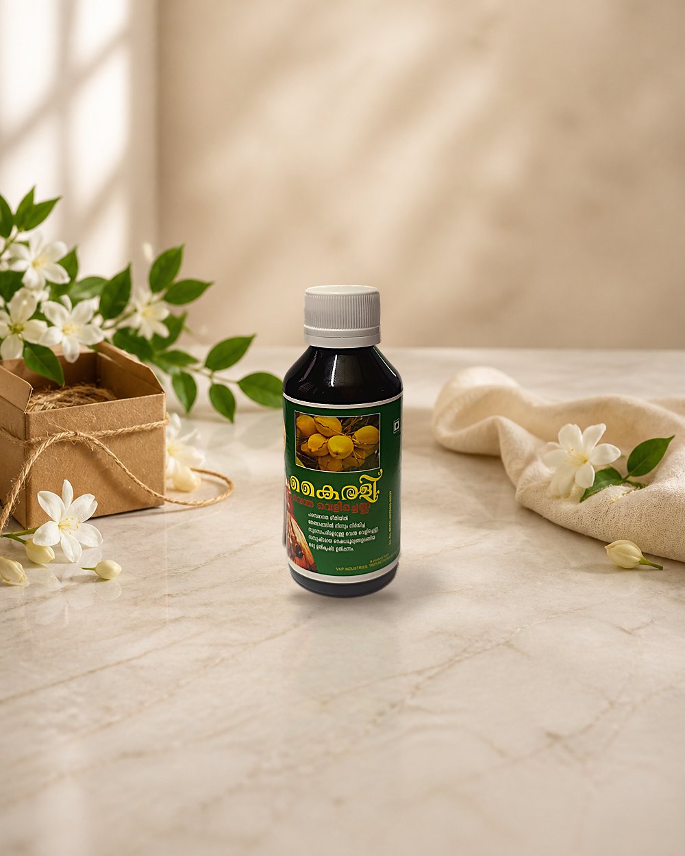Kairali Coconut Milk Oil 60 ml bottle with coconuts