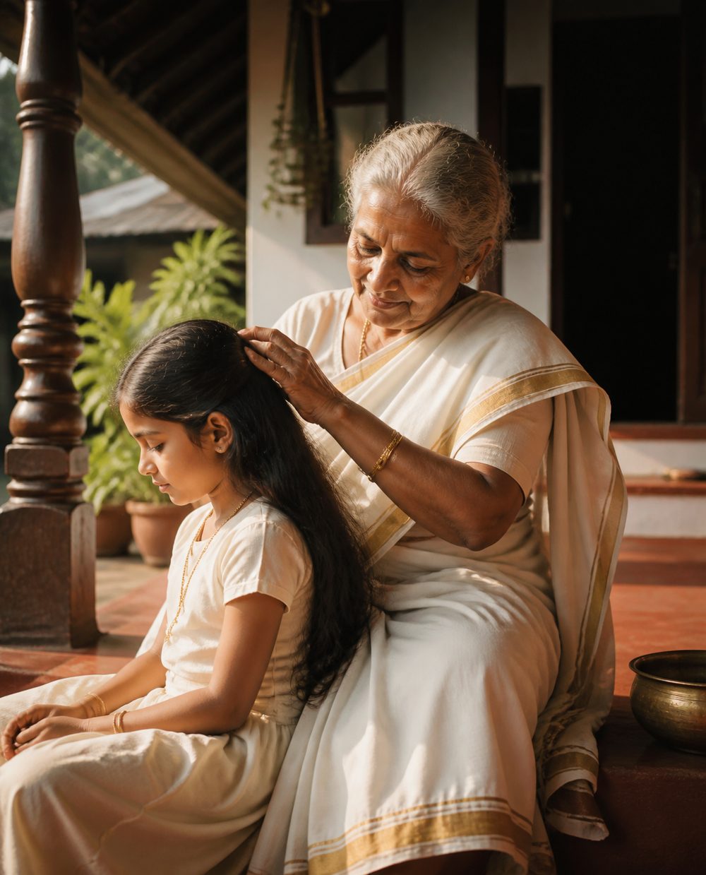 Kerala heritage image, e.g. Kathakali motif from the label, a traditional uruli, or a grandmother oiling a child's hair