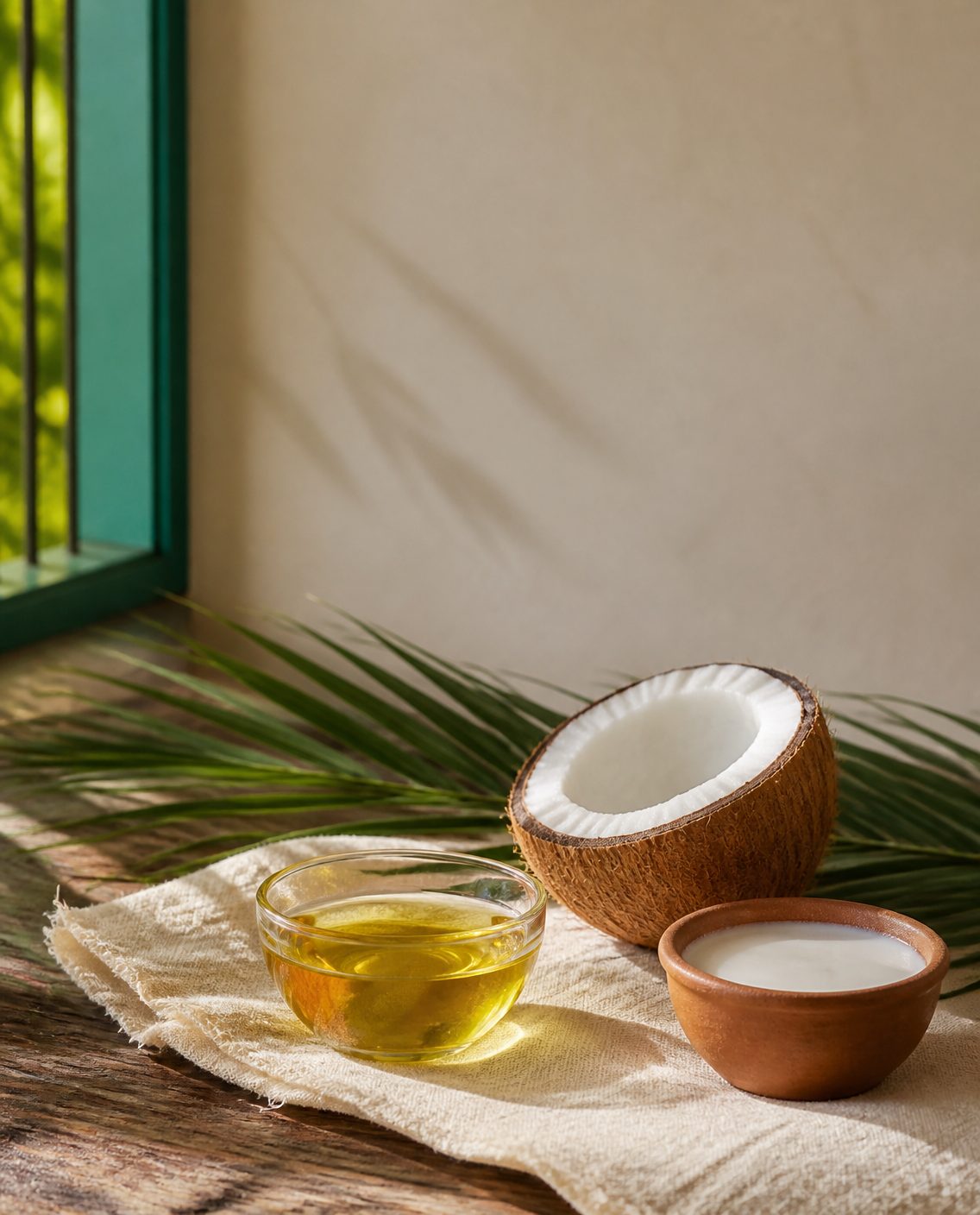 Kairali bottle with fresh coconuts / coconut milk, warm natural light