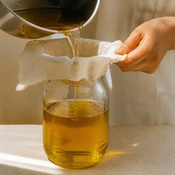 Golden oil being filtered / bottled by hand