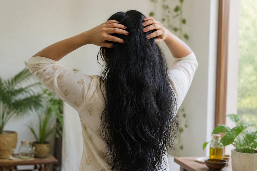Woman massaging oil into hair / scalp